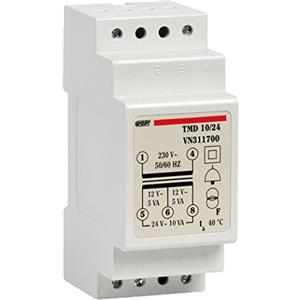 VEMER VN311700 TMD 10/24 - Trasformatore 24V per Campanelli, Installazione da Barra Din, Tensione Primario 230V, Tensione Secondario 12-24V, Potenza 10V, Bianco