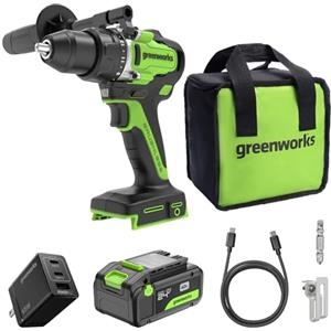 Greenworks 24V Trapano a percussione a batteria 90Nm Brushless, Grado professionale, frizione 21, batteria USB-C 4.0Ah (24.000mAh), caricatore veloce USB-C da 65W (3 porte) e cavo USB C (1M) DD590