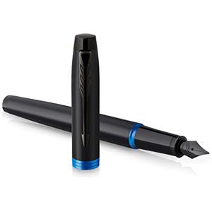 Parker Penna stilografica IM Vibrant Rings | laccatura nera satinata con accenti blu marino | punta sottile | con ricarica di inchiostro blu | confezione regalo