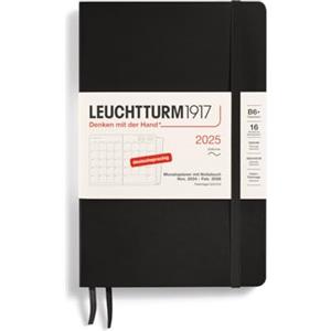 LEUCHTTURM1917 Paperback B6+ 370607 - Agenda mensile e taccuino 2025, copertina morbida, 16 mesi, 80 g, a righe, colore: Nero