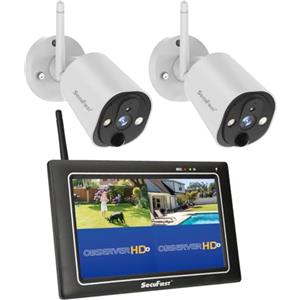 SecuFirst Kit Telecamere Videosorveglianza Esterno, con Monitor Touch Screen da 7" +2X Telecamere senza fili da esterno,2K Baby Monitor, funziona senza Wi-Fi, 64 GB di memoria.
