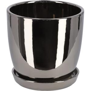 KOTARBAU® Vaso da fiori in ceramica, diametro 15 cm, con vassoio antigoccia, per interni ed esterni, grigio