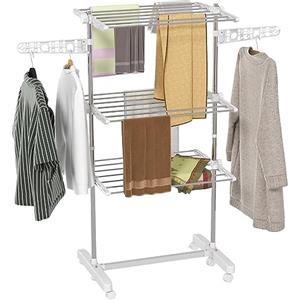 HOMCOM Stendino Verticale in Acciaio e Plastica, Stendibiancheria Pieghevole con 6 Ruote e 3 Ripiani Regolabili, 142x55x152 cm, Bianco e Argento