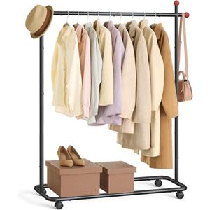 SONGMICS HOME Stand Appendiabiti, Attaccapanni in Metallo con Ruote, 1 Barra Appendiabiti, Ganci a Forma di Fiammifero, Nero Inchiostro HSR170B01