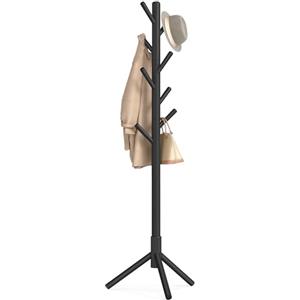 VASAGLE Attaccapanni, Appendiabiti da Terra in Legno, 8 Ganci, per Cappotti Cappelli Borse, per Ingresso, Ganci e Palo in Legno di Gomma, Nero RCR004B01