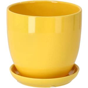 Kotarbau® - Vaso da fiori in ceramica per piante con vassoio antigoccia, diametro da 20 cm, colore giallo