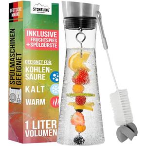 STONELINE Caraffa Vetro Brocca Acqua 1 L Vetro Borosilicato con Coperchio Acciaio Inox, con Spiedino per Frutta Spazzolino, Borraccia Trasparente Resistente al Calore per Acqua tè Succo di Frutta