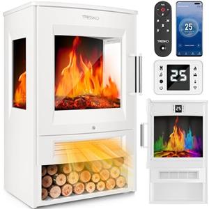 TRESKO Camino elettrico con riscaldamento con telecomando e app WiFi, camino elettrico, 1800 W, effetto fiamma a LED, modalità di colore, termostato, timer, stufa elettrica, camino, camino, 2 livelli