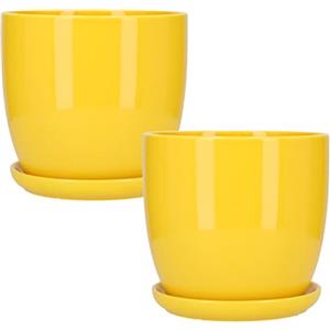 Kotarbau® - Vaso da fiori in ceramica per piante con vassoio antigoccia, diametro di 20 cm, colore giallo, set da 2