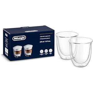De'Longhi Bicchieri Cappuccino, Tazze di Vetro a Doppia Parete, Vetro Borosilicato ritenzione del calore, Capacità 270 ml, Set di 2, DLSC311, Trasparente