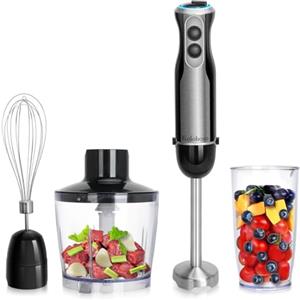 Kolohoso 1500W Frullatore a Immersione, 4 in 1 Blender Acciaio Inox, Multifunzione Immersione 20 Velocità Regolabili, Frullatore con Frusta, 600ml Misurino un 500ml Tritatutto, senza BPA