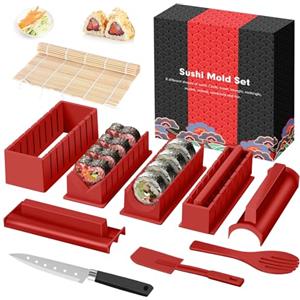 SKYSER Kit Sushi Maker Set 12 pezzi per principianti, 8 forme making completo, fai da te con coltello per sushi (Rosso)