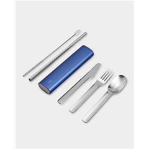 Chilly's Posate - Posate Portatili, Utensili in Acciaio Inossidabile con Custodia da Viaggio in Alluminio, Coltello, Forchetta, Cucchiaio e Cannuccia Riutilizzabili - Whale Blue