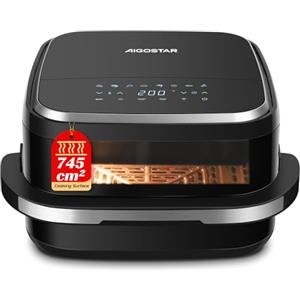 Aigostar Friggitrice ad Aria XXL 745cm² Surface, 2200W Silenzioso Extra-Crisp Technologie + Doppia Resistenza, 11 Programmi (Pizza Surgelata), Touchscreen, Finestra Illuminata, Interno Metallico, Nero