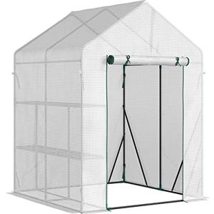 Outsunny Serra da Giardino in Acciaio e Copertura PE, Serra da Balcone per Piante con 2 Scaffali e Porta Avvolgibile, 143x143x195cm, Bianco