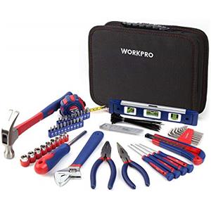WORKPRO Set Porta Attrezzi Uso Domestico Riparazione 100 Pezzi Utensili per Officina e Lavoro con Pinza, Coltello, Cacciavite, Chiavi a Bussola, Livella, Metro in Cassetta