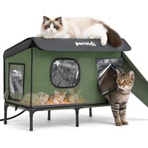 pecute Cuccia Gatto Esterno con Tappetino Riscaldante, Casetta Gatto Esterno Impermeabile, Porta di Fuga Sicura, Robusto, Facile da Installare, Tettoia Laterale Estesa, Base Rialzata
