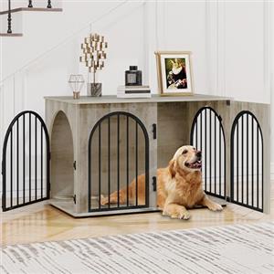 Hzuaneri 100cm Gabbia per Cani, Tavolo Supplemento, Cuccia Moderna per Cani Interno, Kennel cane Medio, Casetta per Animali, 3 porte, Porta ad arco, 60 x 100 x 63 cm, Avorio Chiaro DFC84105B