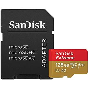 SanDisk Extreme 128 GB microSDXC Memory Card + SD Adapter with A2 App Performance + Rescue Pro Deluxe, Up to 160 MB/s, Class 10, UHS-I, U3, V30 , Red/Gold