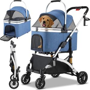 MAMIZO Passeggino per cani 3 in 1, fino a 20 kg, passeggino portatile per animali, portabicchieri e ammortizzatori, con finestre a rete, 4 pcs ruote 360°, per Gatti e cani di piccola taglia, Blu