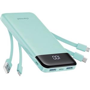 Charmast Power Bank 10000mAh con Cavi Integrati,Caricatore Portatile USB C 5V/3A Powerbank LED Display con 6 Uscite e 3 ingressi per iPhone Huawei Xiaomi (verde)