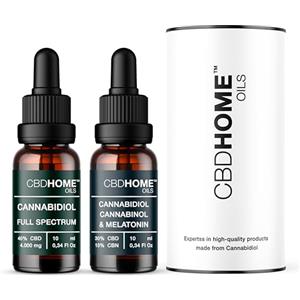 CBD HOME Oils - Pack di Olio di CBD Full Spectrum 40% + CBD 30% CBN 10% con Melatonina - 10 ml - Olio di Cocco (MTC) e Olio di Semi di Canapa Biologico - Cannabidiolo Certificato - Fabricato UE