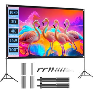 VISULAPEX Schermo Proiettore con Treppiede, 100 Pollici Telo Proiettore Portatile, 16:9, 4K HD Pieghevole per Proiettore con Borsa per il Trasporto per Interni ed Esterni, Home Cinema, Giardino