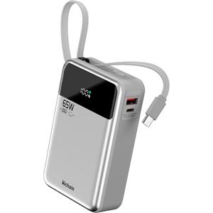 Hichain Power Bank 65W Ricarica Rapida 20000mAh Caricabatterie Portatile Display LED Cavi integrati USB C in&out Compatibile con iPhone serie 16/15/14/13, Vision Pro, Samsung, MacBook, ipad, AirPods,