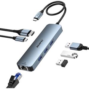BENFEI 6-in-1 HUB USB C con HDMI 4K@60Hz/Gigabit Ethernet/100W PD alimentazione/3*USB A 5Gbps [cavo in silicone custodia in alluminio] compatibile con iPhone 15 Pro/Max MacBook iPad Pro iMac S23 XPS17