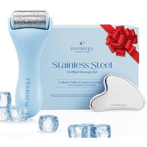 PLANTIFIQUE Skincare Ice Roller e Gua Sha Set in Acciaio Inossidabile - Massaggiatore per Viso e Corpo con Crioterapia - Guasha e Rullo in Inox per Uomo e Donna - Roll Massaggio Facciale e Occhiaie