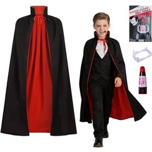 GTJEOI Costume da Vampiro di Carnevale, 90 CM Mantello Vampiro Bambino, Dracula Costume per i bambini, vampiro Costume Ragazzi con Sangue Finto, Denti vamp-iro, per Carnevale e Cosplay