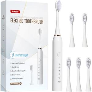 Y-Kelin Spazzolino elettrico da 30.000 Vpm, ricaricabile, 6 testine, timer intelligente di 2 minuti, 5 modalità, con sbiancamento dei denti (Bianco)