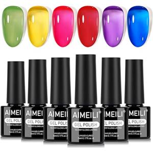 AIMEILI Kit Semipermanente Unghie Smalto Effetto Gelatina 6 Colori Nude Gel Polish Smalto Semipermanente Unghie Neon UV LED Soak Off Smalti Gel Colorati Nail Art 5ml Kit 6-94