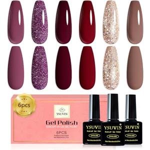 YSUVIN Semipermanente Unghie, 6 Colori Rosso Scuro Bordeaux Marrone Glitter Champagne Oro Brillante Viola Autunno Inverno Smalto Semipermanente Soak Off UV/LED DIY Nail Art Salone, 8 ML