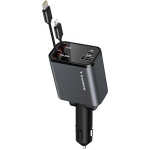 RAMPOW Caricabatterie Auto, 65W 4 in 1 Caricatore auto Retrattile, con Cavi USB C e cavo Lightning Retrattili, Carica Batteria per Auto per iPhone 16/15, Samsung S24/23, iPad - Bianco Argento