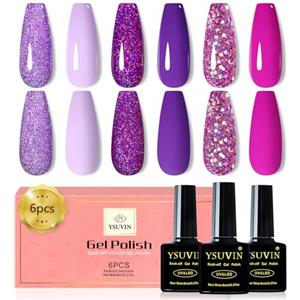 YSUVIN Smalto Semipermanente Unghie, 6 Colori Serie Viola, Scuro, Chiaro, Glitterato, Soak Off UV/LED Lampada Diy Manicure Nail Art Set, 8ml