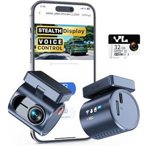KAWA Dash Cam Auto - Display Trasparente con Controllo Vocale, 2K1296P Piccola Telecamera,Visione Notturna, 135° FOV, Supercondensatore, Include SD 32GB, Sensore G, Controllo App