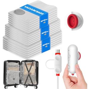 Vacbird Sacchetti sottovuoto per vestiti con pompa USB compatta, 18 sacchetti per vestiti da viaggio (sigillo sottovuoto più forte | USB-A/C | leggeri), ideali per viaggi, conservazione e traslochi
