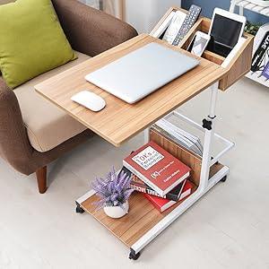 sogesfurniture Tavolo per laptop regolabile in altezza, tavolino mobile da divano tavolino laterale tavolo per notebook tavolo per assistenza con ruote, spazio di archiviazione, per camera da letto