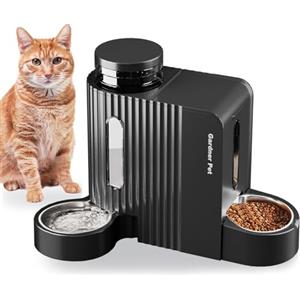 Gardner Pet 2 in 1 Distributore Automatico Cibo e Acqua Gatti (3L*2), Distributore Automatico Cibo Gatti con Ciotola in Acciaio Inox, GravitÀ Dispenser Crocchette Gatto, Senza BPA, Nero