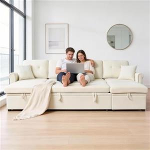 Luscriate Divano angolare con cassettiera e funzione sonno, divano letto con cassettone e spazio extra grande, a forma di U - Divano per soggiorno/camera da letto, grande divano (bianco, 4 posti)