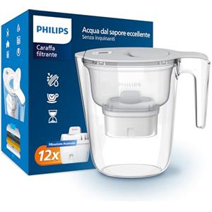 Philips Water Caraffa filtrante + 12 cartucce filtranti di ricambio, Filtrazione Avanzata, flusso rapido, timer elettronico, filtra CLORO, CALCARE, METALLI PESANTI e MICROPLASTICHE, BIANCO, 2.6 litri