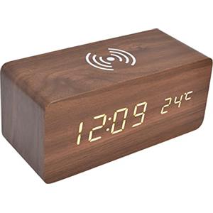 Shanrya Sveglia Digitale in Legno, Radiosveglie Orologio Elettronico a LED 12/24 Ore con Stazione di Ricarica Wireless Veloce, Rilevamento Automatico della Temperatura Orologio(6.3 x 2.8 x 2.7in-Rosso)