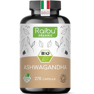 RAIBU Ashwagandha Bio - 2400 mg Dose Giornaliera - 270 Capsule - Alto dosaggio - Radice di Ashwagandha in Polvere Qualità Biologica Senza Additivi di Produzione Europa
