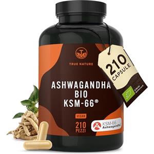 TRUE NATURE Bio Ashwagandha KSM-66® 210 Capsule - Alto Dosaggio di 600 mg al giorno (Withania Somnifera) - vegano, Bio India, testato in Laboratorio, produzione Tedesca - TRUE NATURE
