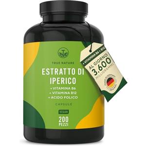 TRUE NATURE Iperico - 200 Capsule (Erba di San Giovanni) - 3.600 mg al giorno - ipericina naturale - vitamina B6, B12 e acido folico (aiutano a ridurre la stanchezza) - TRUE NATURE®