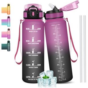 Mulbijeo Borraccia 1L, A Prova di Perdite, Borraccia Motivazionale, con Cannuccia, Senza BPA, Bottiglia Acqua per Sport, Fitness, Yoga, Scuola, Ufficio