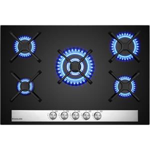 GASLAND GH6805BG1FC Piano cottura a gas, 5 fuochi in vetro nero da 76 cm, con bruciatore Wok, da incasso, compatibile GPL/GN, potenza 10400W