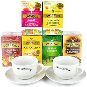 Twinings PZ 250 BUSTINE TE' + 2 TAZZE TWININGS CERAMICA +2 PIATTINI TISANE CAMOMILLE TWININGS EARL GREY TEA ENGLISH BREAKFAST INTENSE PREMIUM DETEINATO