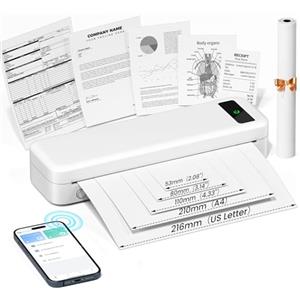 TATTMUSE Stampante Portatile A4, Stampante Termica Compatibile con iPhone/PC, Smartphone via Wireless Bluetooth, Mac/Windows via USB, Stampa in Nero e Bianco Senza Inchiostro